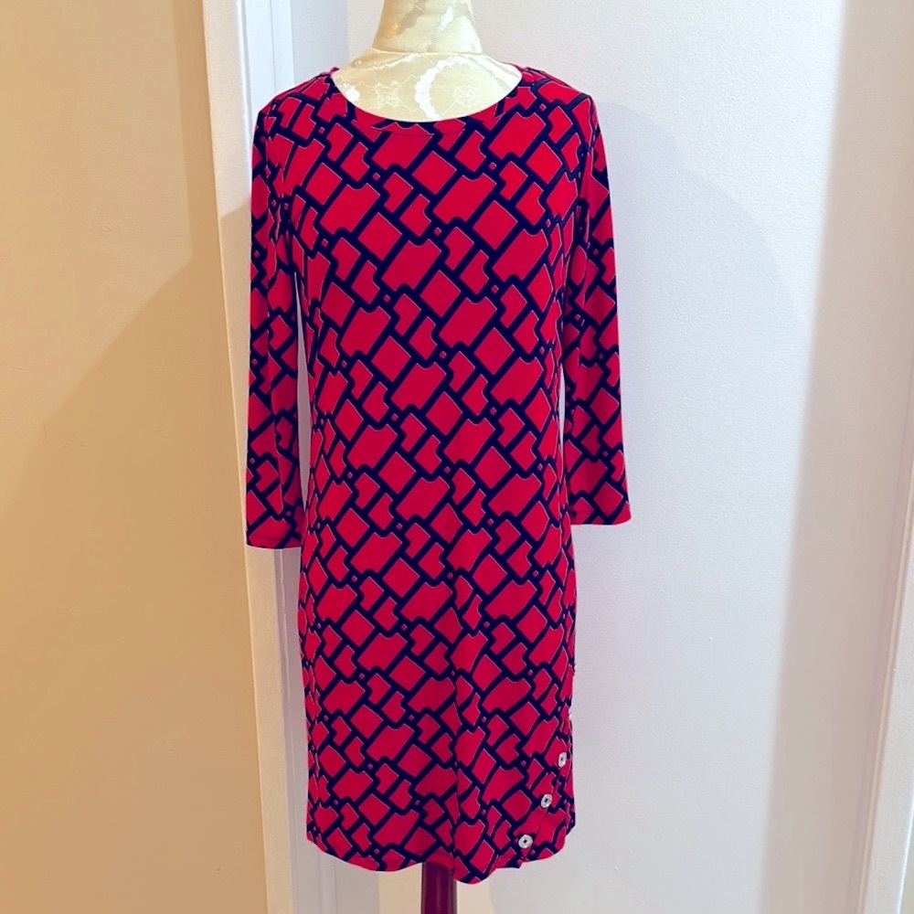 Michael Michael Kors Geometric Red Navy 3/4 Sleeve Pull On Sheath Dress S